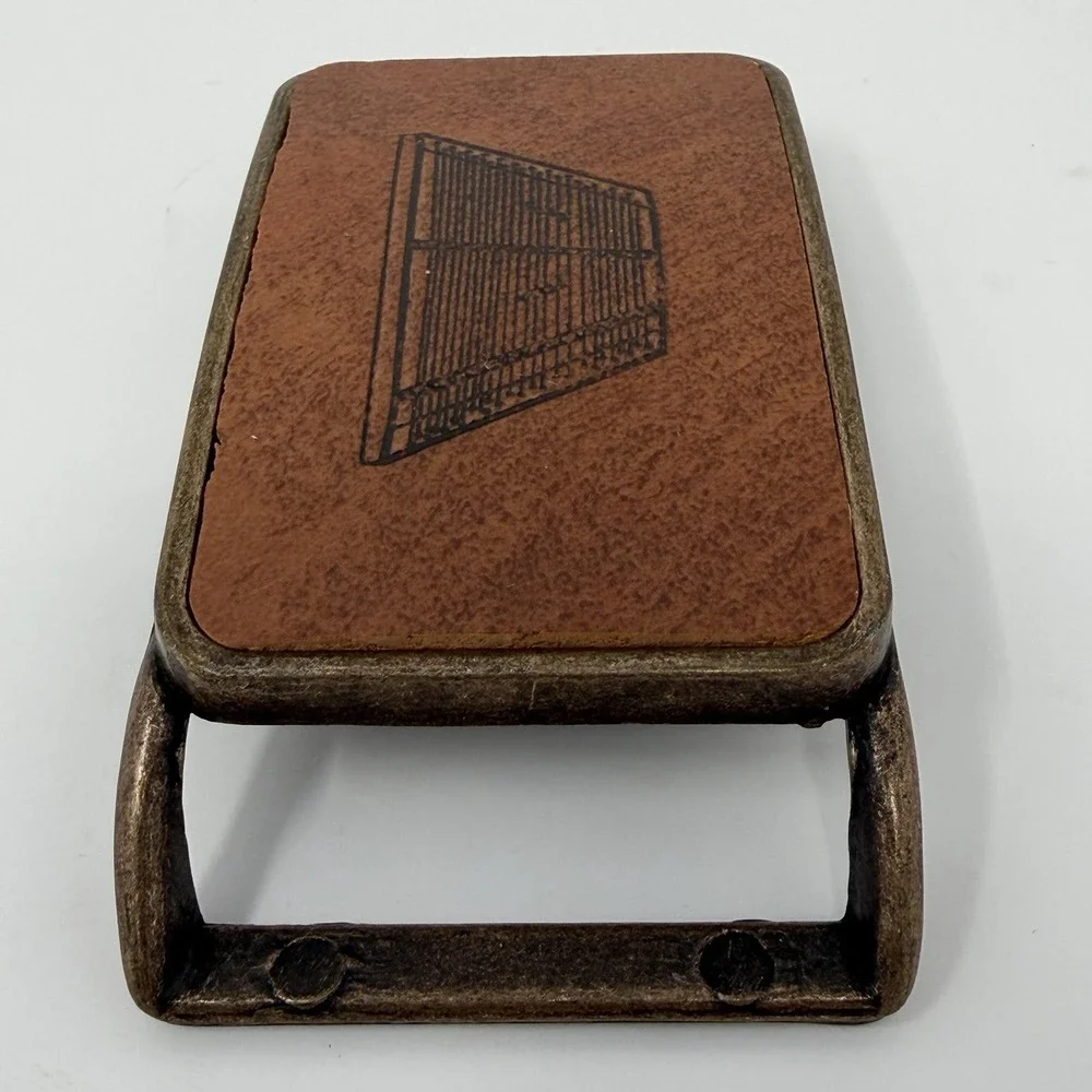 Vintage Tennis Court Belt Buckle Brass Tone Leather Inlay Jim Tait Engraving 70s
